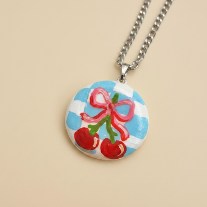 Cherry Bow Pendant with Chain - Beige Background