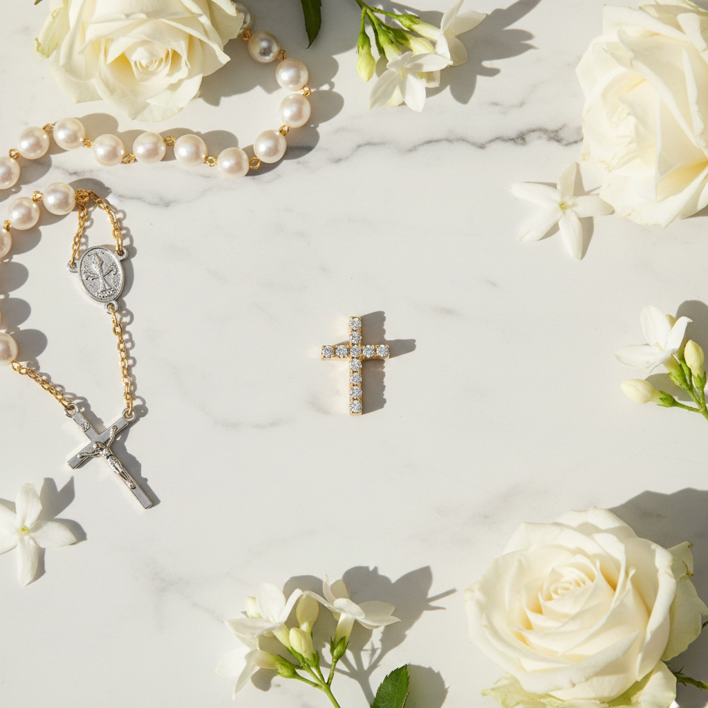 Diamond Cross Charm Marble Flatlay