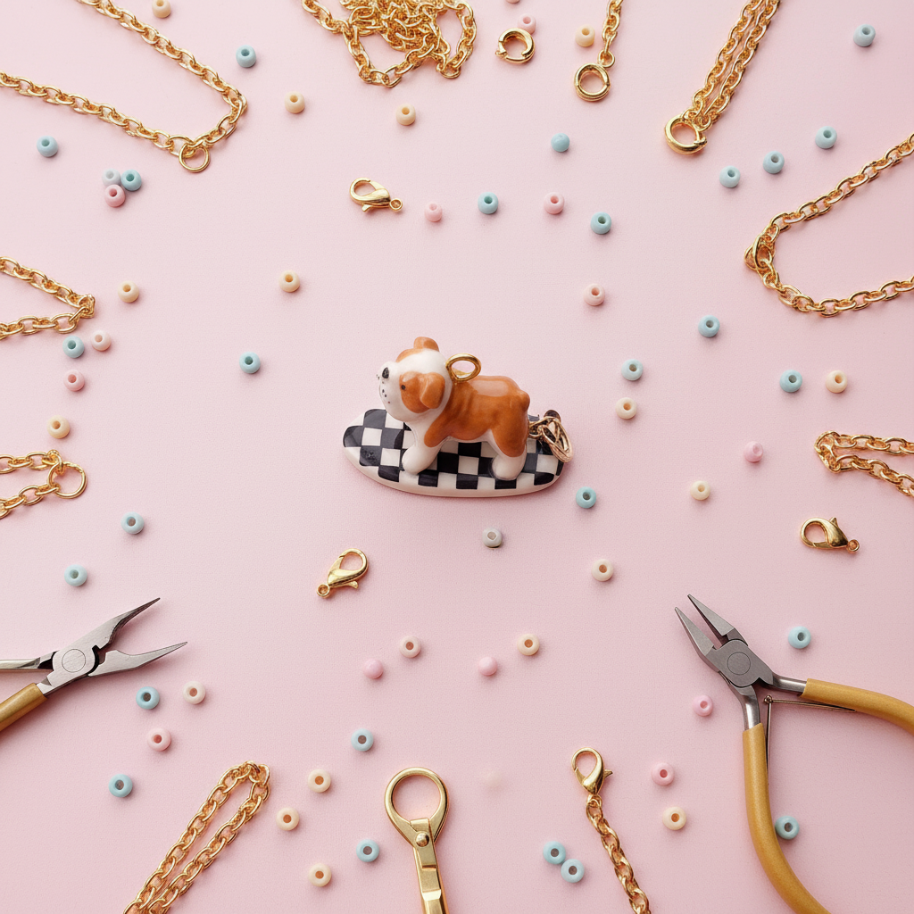 English Bulldog Charm - DIY Jewelry Flatlay