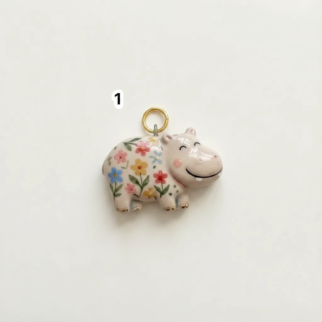 Floral Hippo Charm - Beige Background