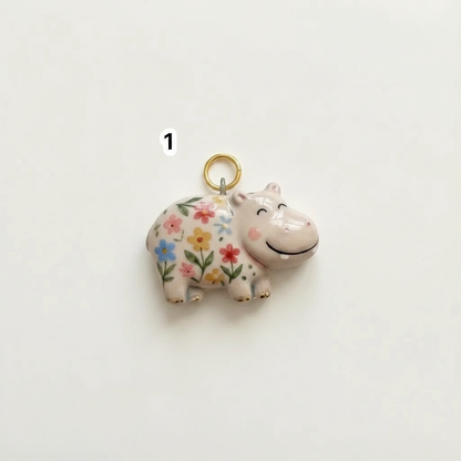 Floral Hippo Charm - Beige Background