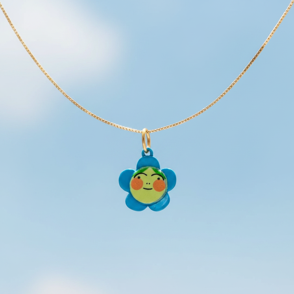 Flower Charm 3 - Gold Chain Blue