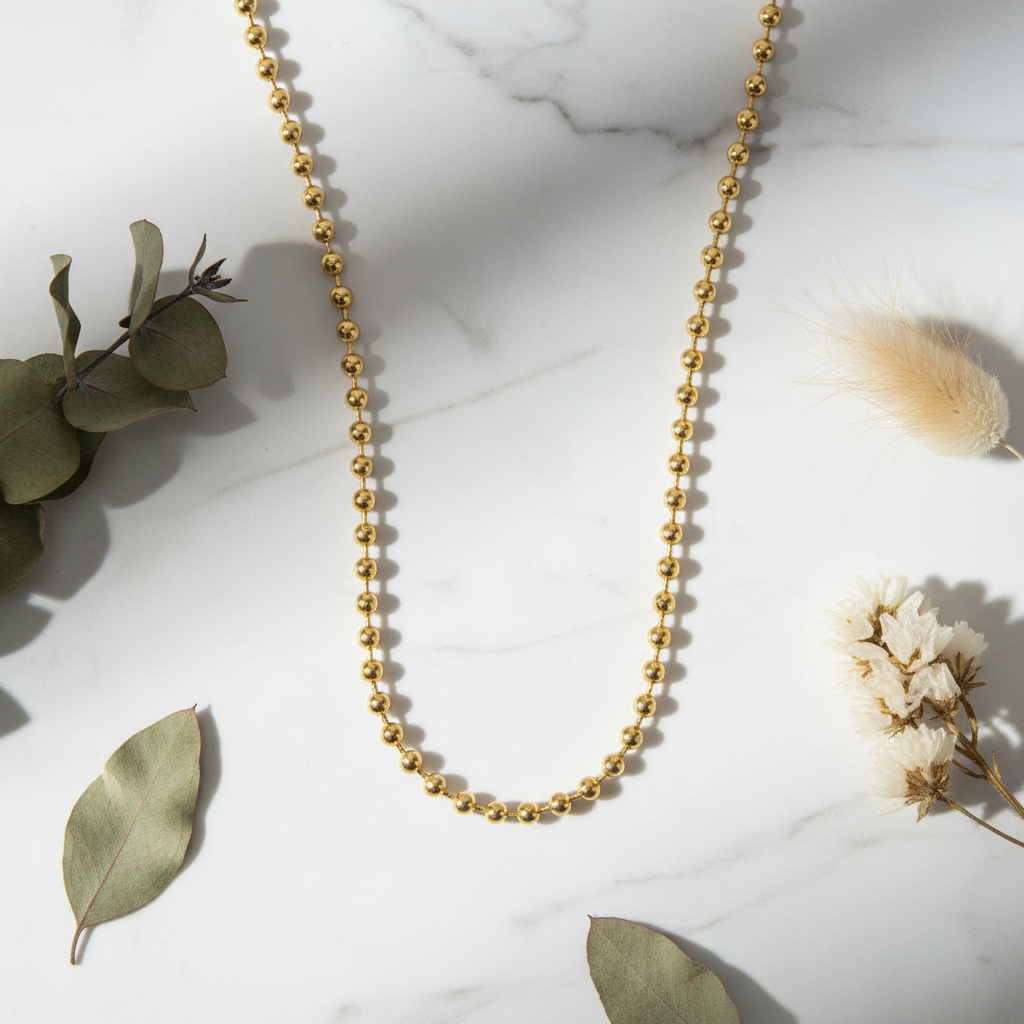 Gold Ball Chain Necklace - Marble Flat Lay