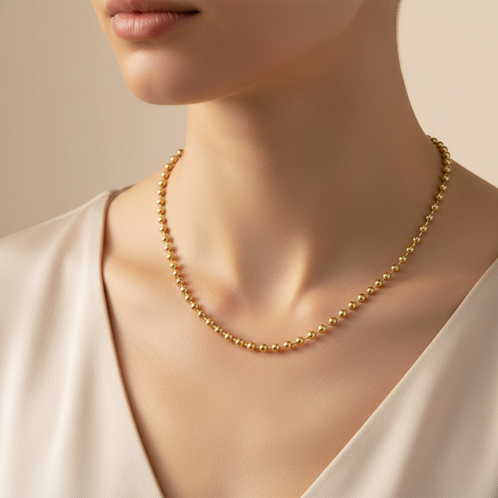 Gold Ball Chain Necklace - Model Neck