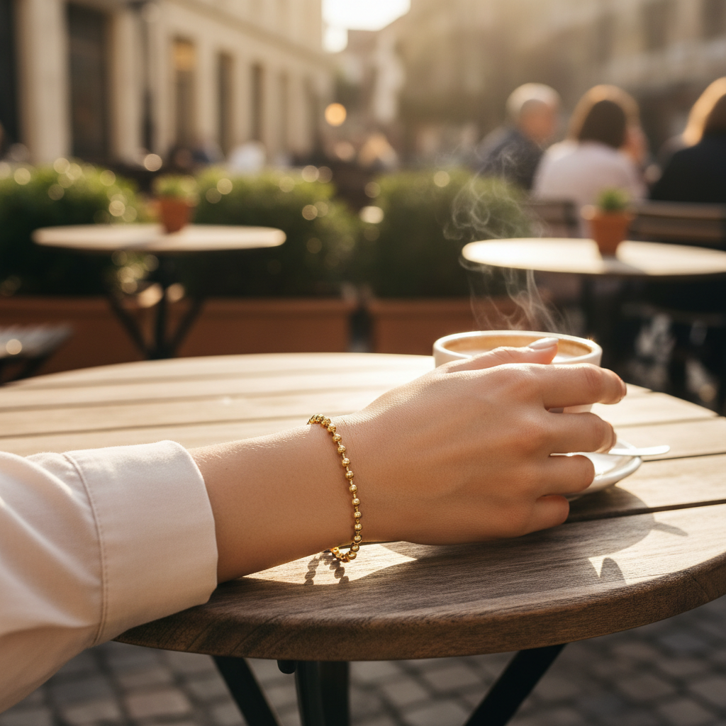 Gold Bead Bracelet - Outdoor Cafe Lifestyle