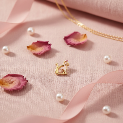 Gold Cat Charm Pink Flatlay