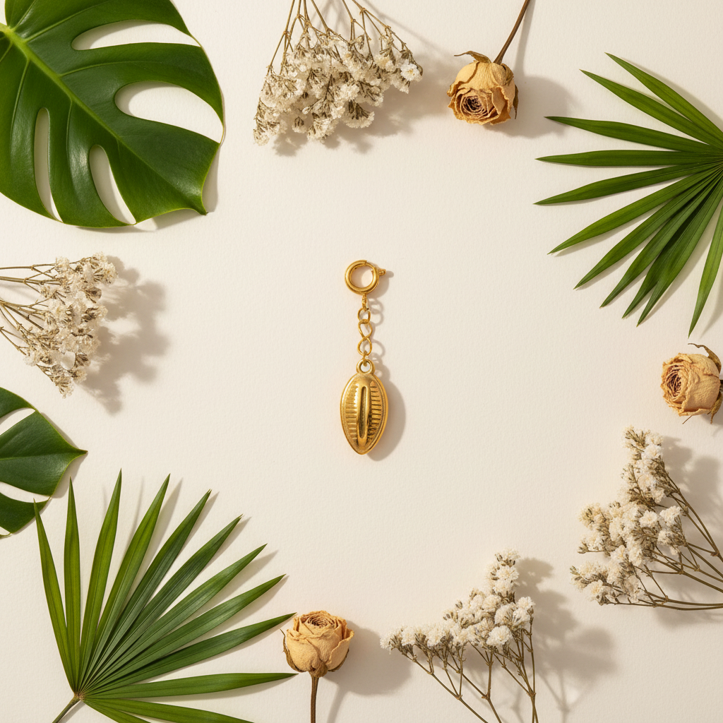 Gold Cowrie Charm - Tropical Leaves