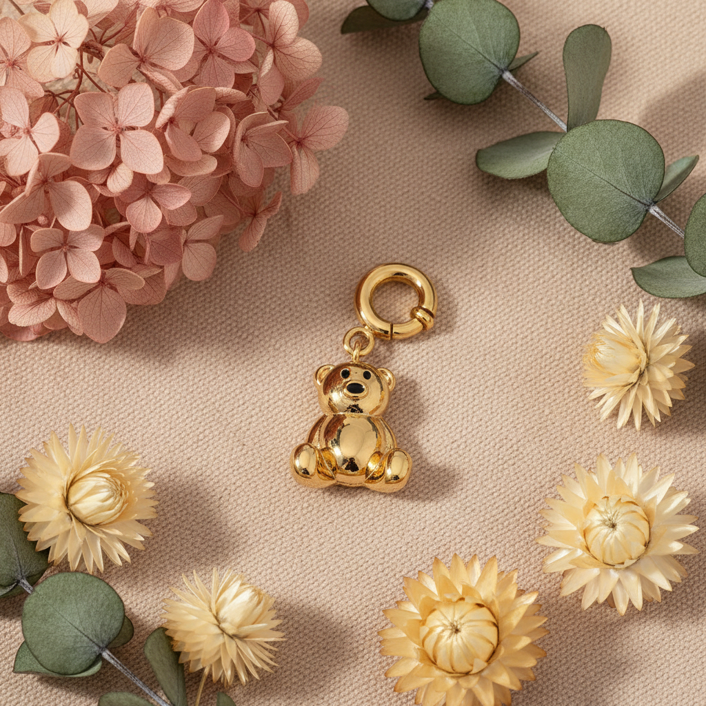Gold Teddy Bear Charm - Botanical Styling