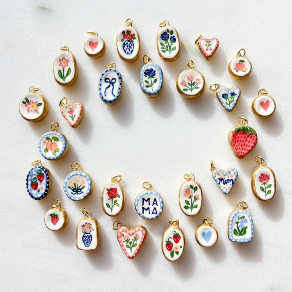 Handpainted charms flat lay 1