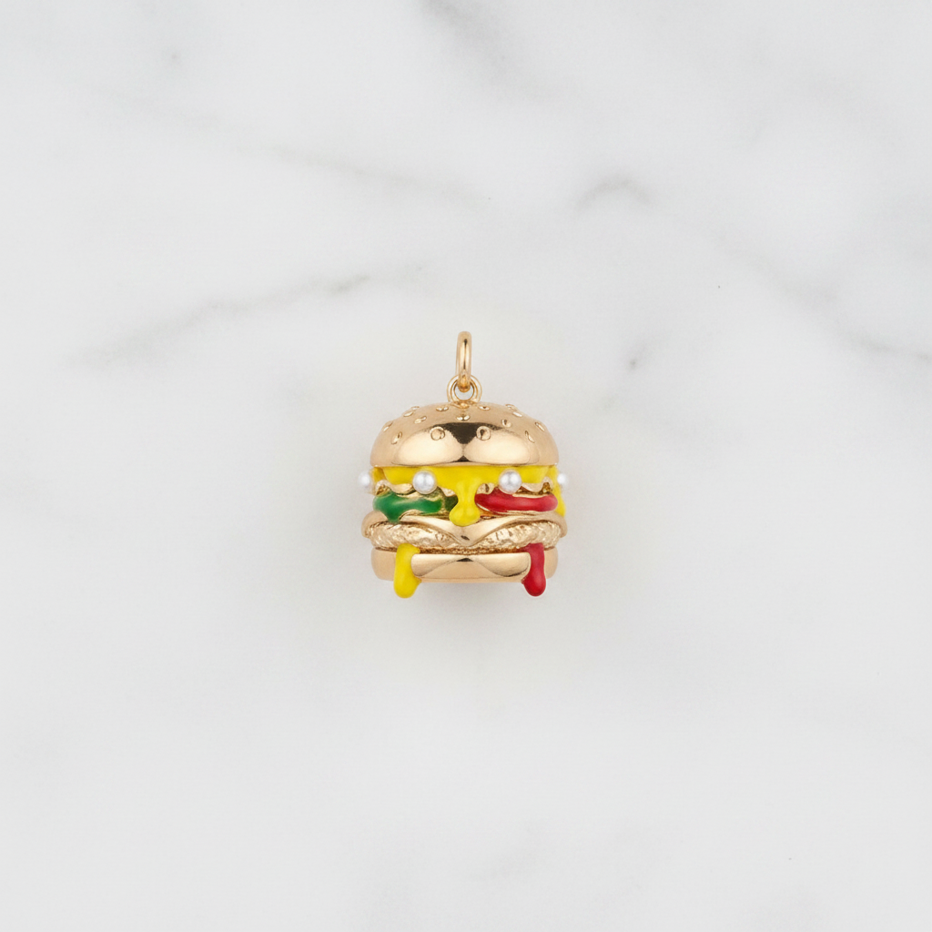 Classic cheeseburger charm flat lay marble