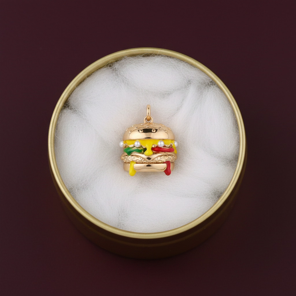 Classic cheeseburger charm in gold tin box
