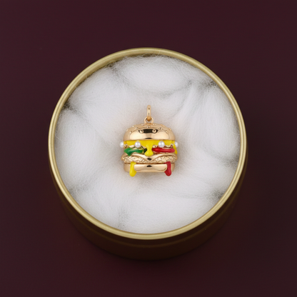 Classic cheeseburger charm in gold tin box