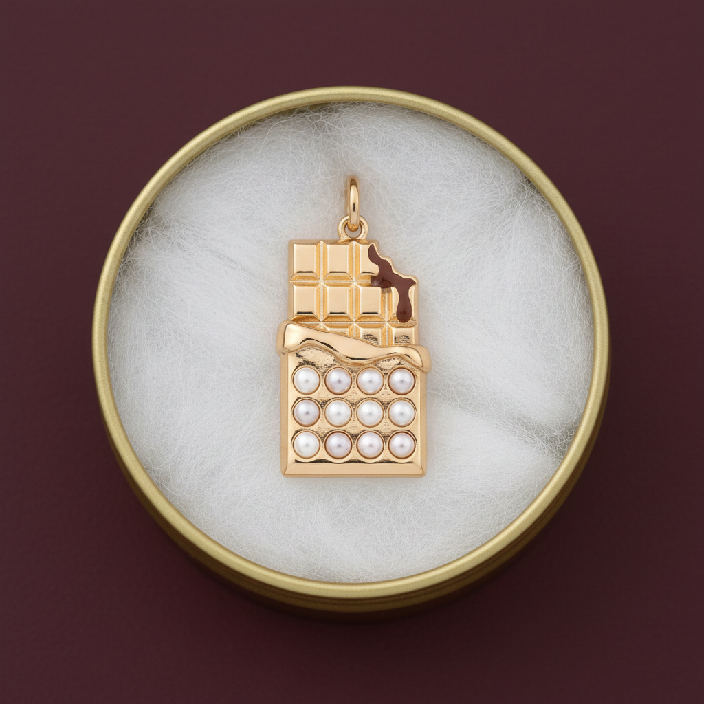 Chocolate bar charm in gold tin box