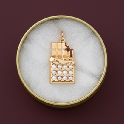 Chocolate bar charm in gold tin box