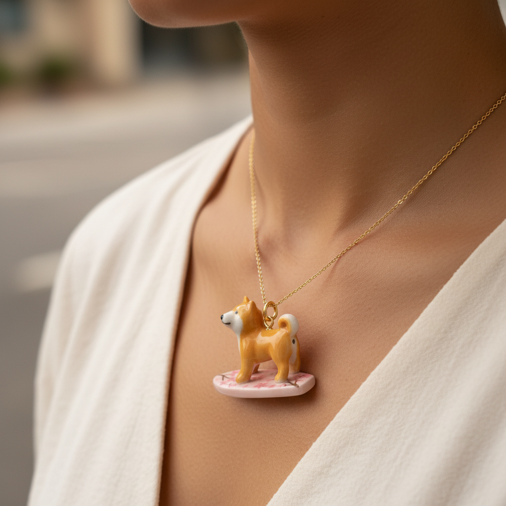 Shiba Inu charm worn necklace lifestyle