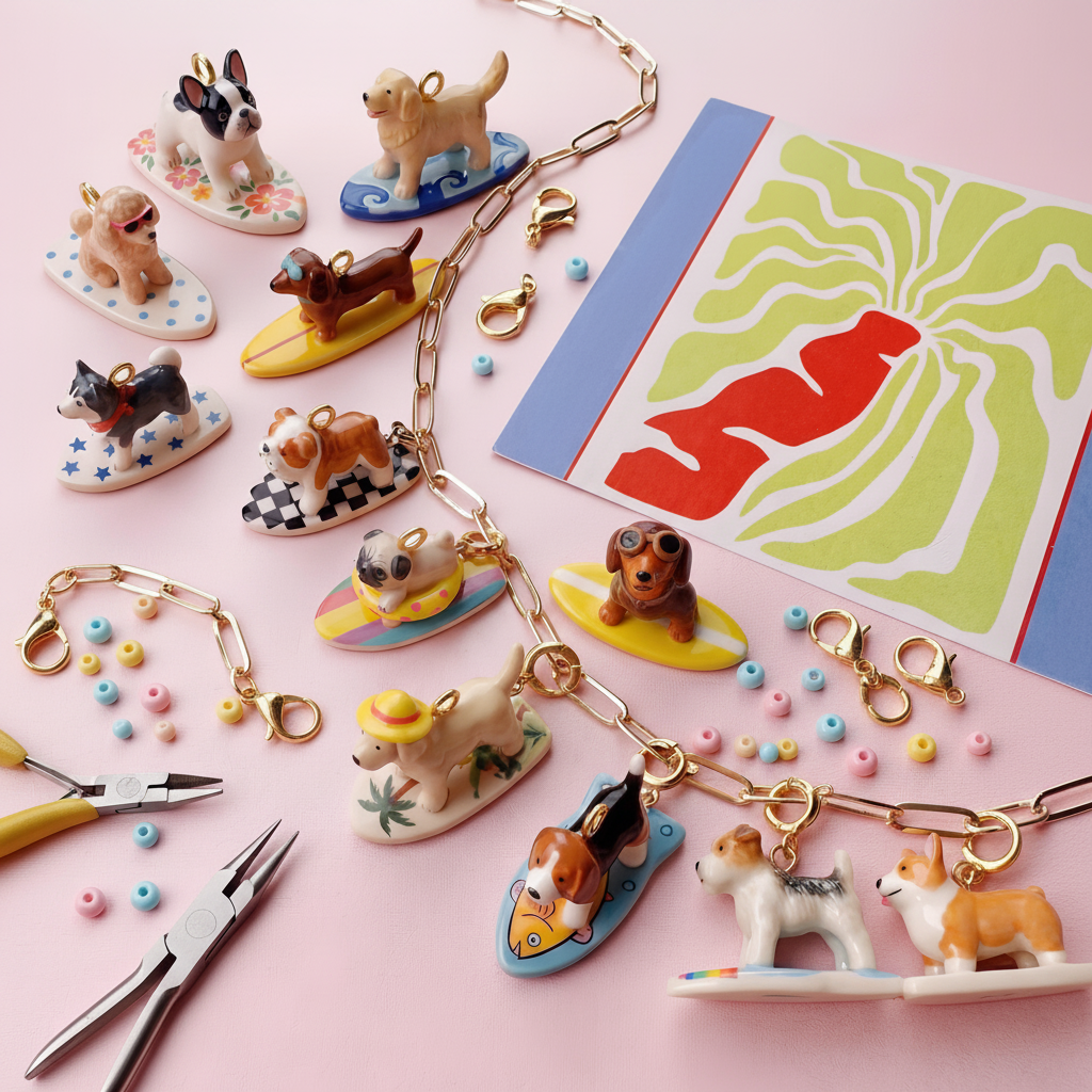 Dachshund charm DIY jewelry flatlay