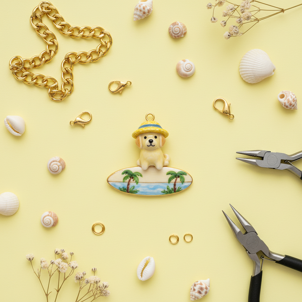 Labrador straw hat charm DIY tropical flatlay