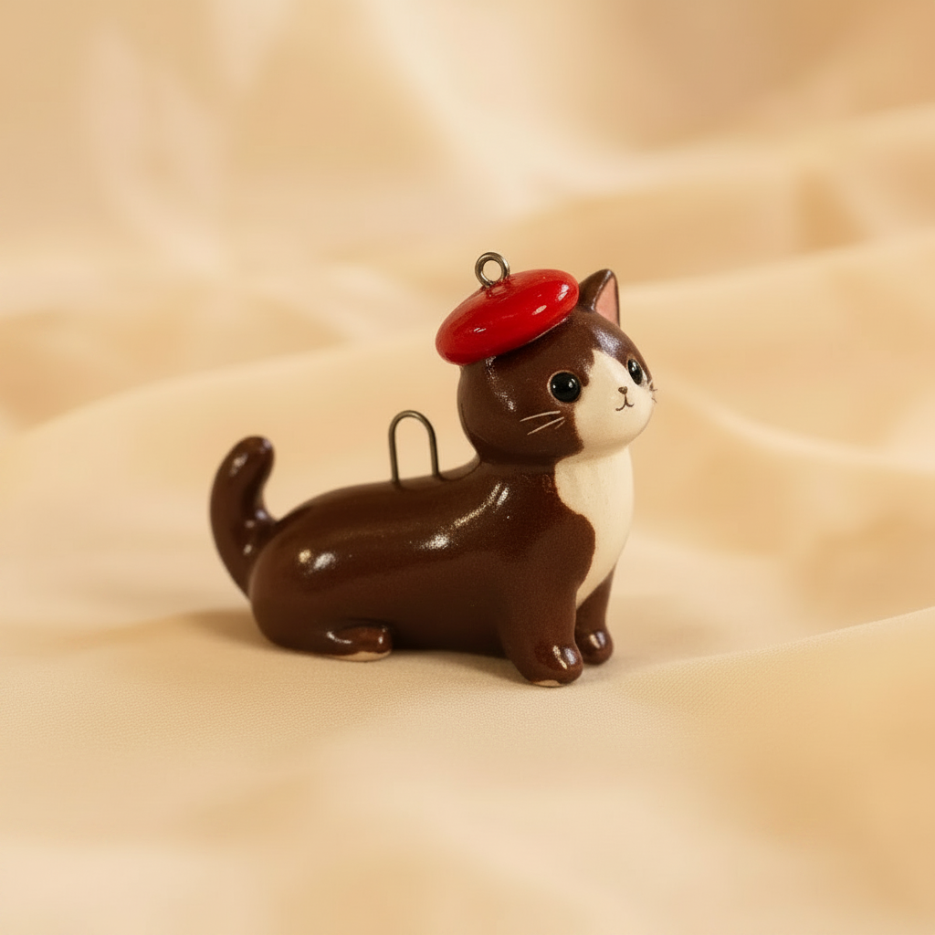 Chocolate cat red beret charm side profile