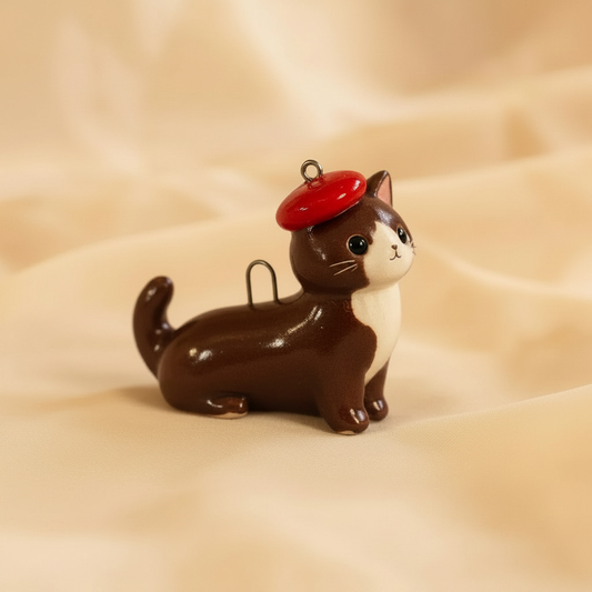 Chocolate cat red beret charm side profile