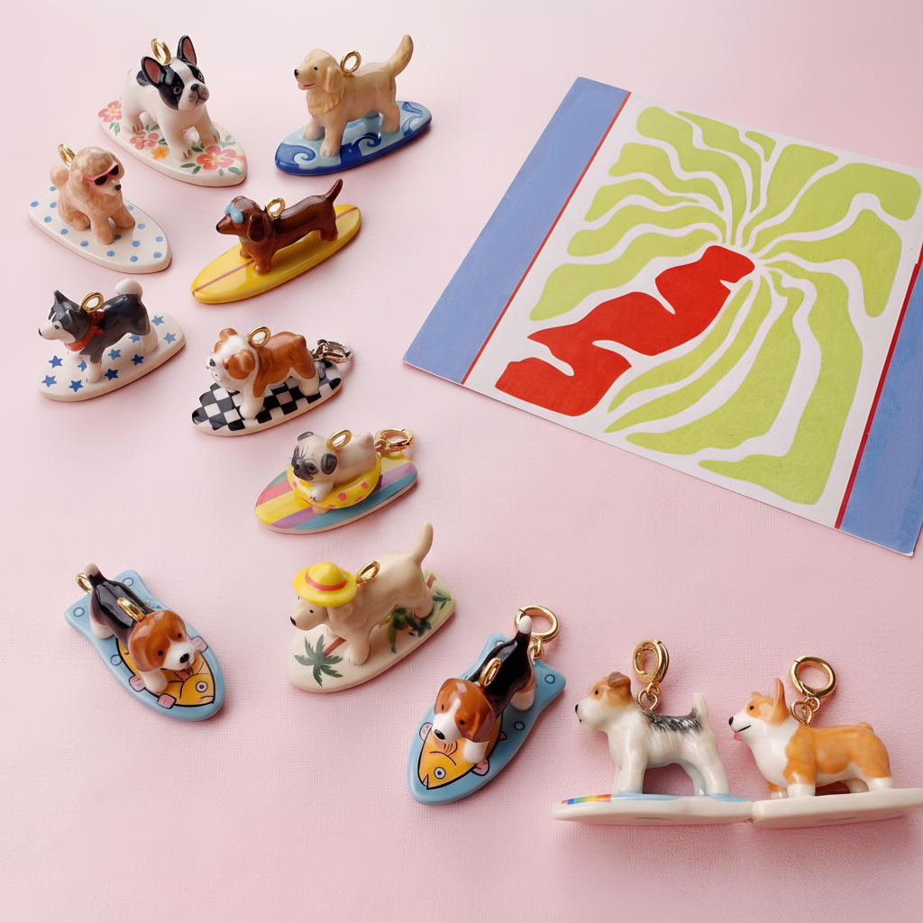 English Bulldog charm pink lifestyle flatlay