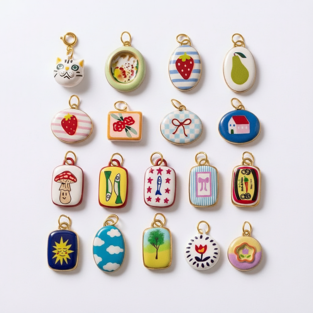 Illustrated enamel charms flat lay white background