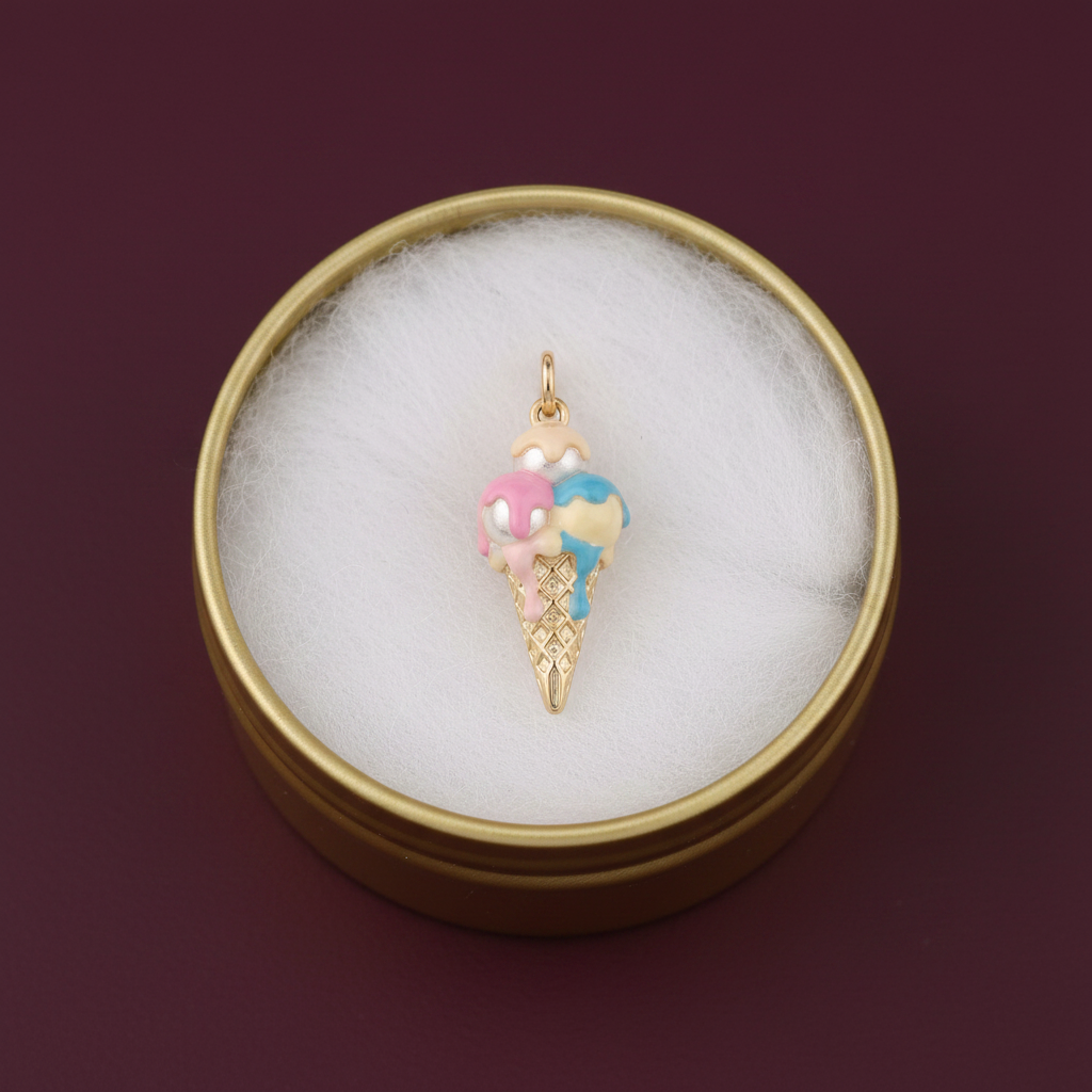 Triple scoop ice cream charm in gold tin box