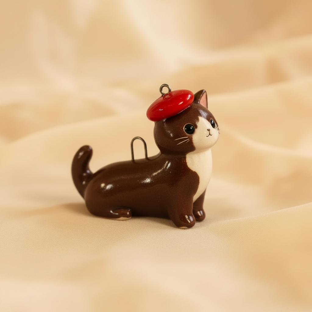 Chocolate cat red beret charm front angle