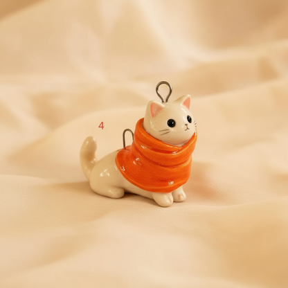 Orange scarf white cat ceramic charm side view