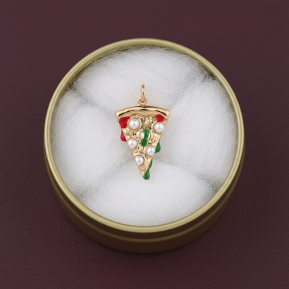 Pizza slice charm in gold tin box
