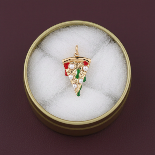 Pizza slice charm in gold tin box