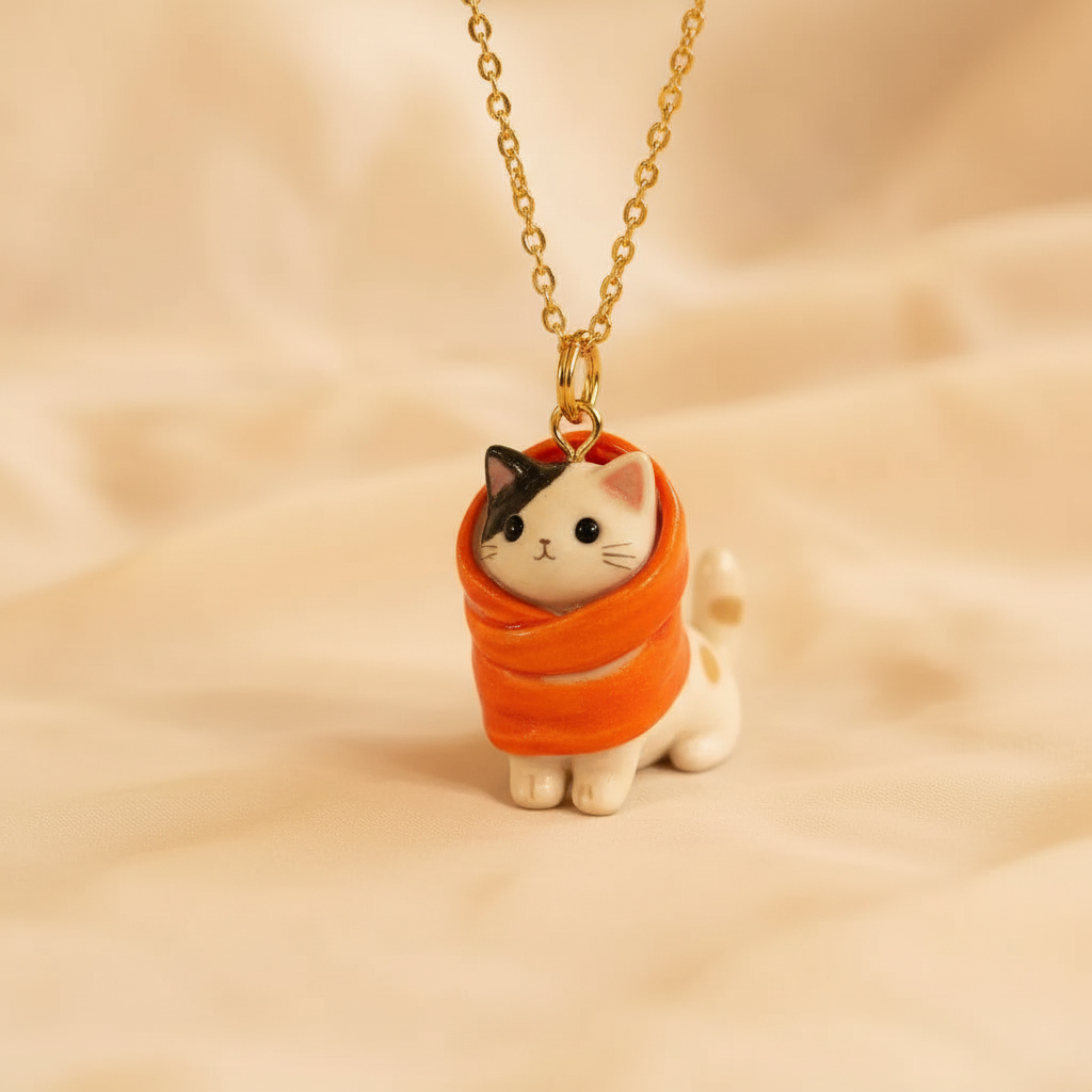 Orange scarf white cat ceramic charm on necklace