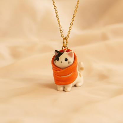 Orange scarf white cat ceramic charm on necklace