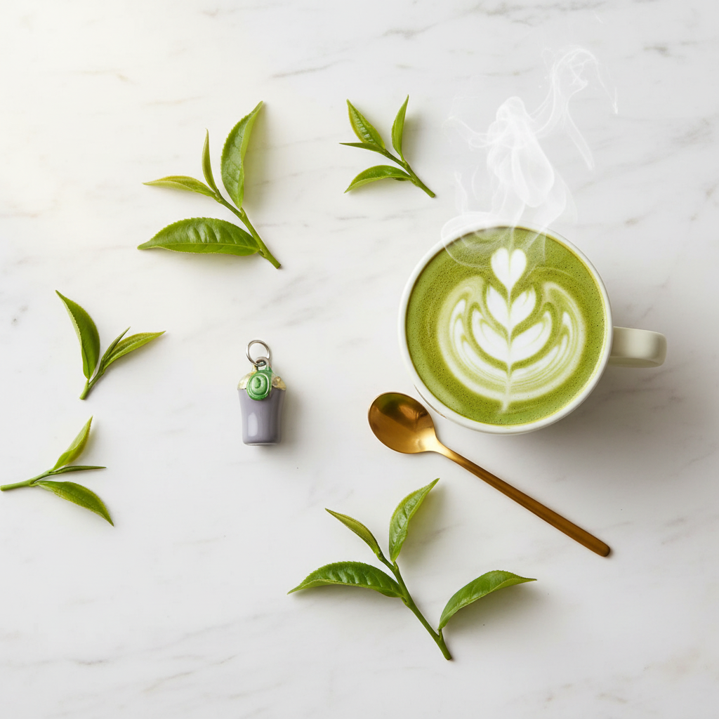 Matcha Cup Charm Cafe Flatlay