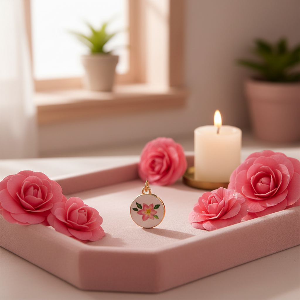 Pink camellia charm - velvet tray candle