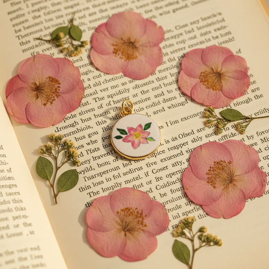 Pink camellia charm - vintage book
