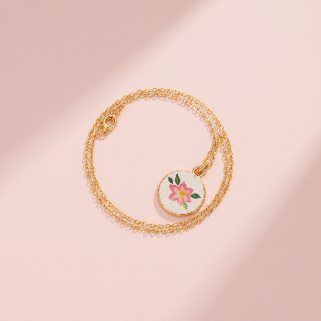 Pink camellia round charm - blush background chain