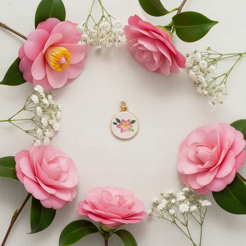 Pink camellia round charm - linen flat lay