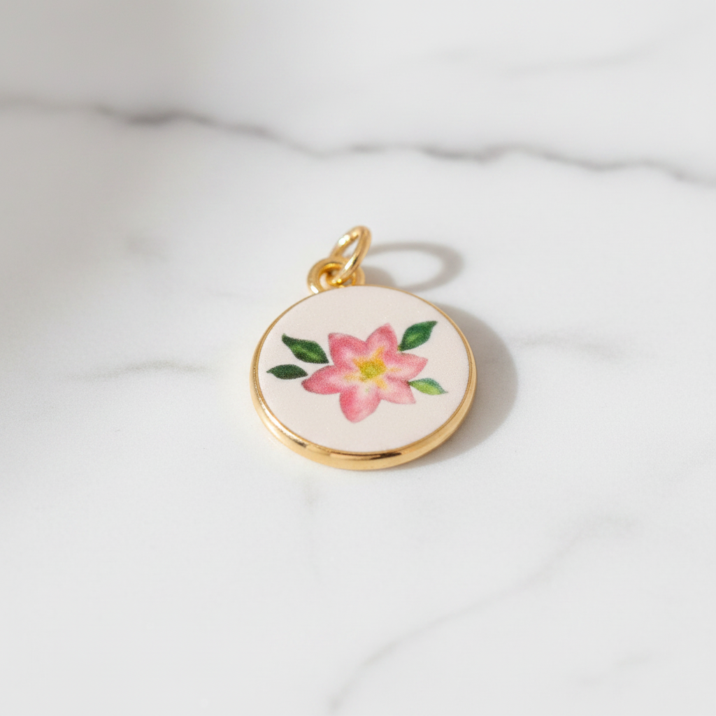 Pink camellia round charm - marble close-up