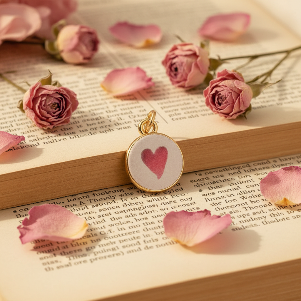Pink heart charm - vintage book
