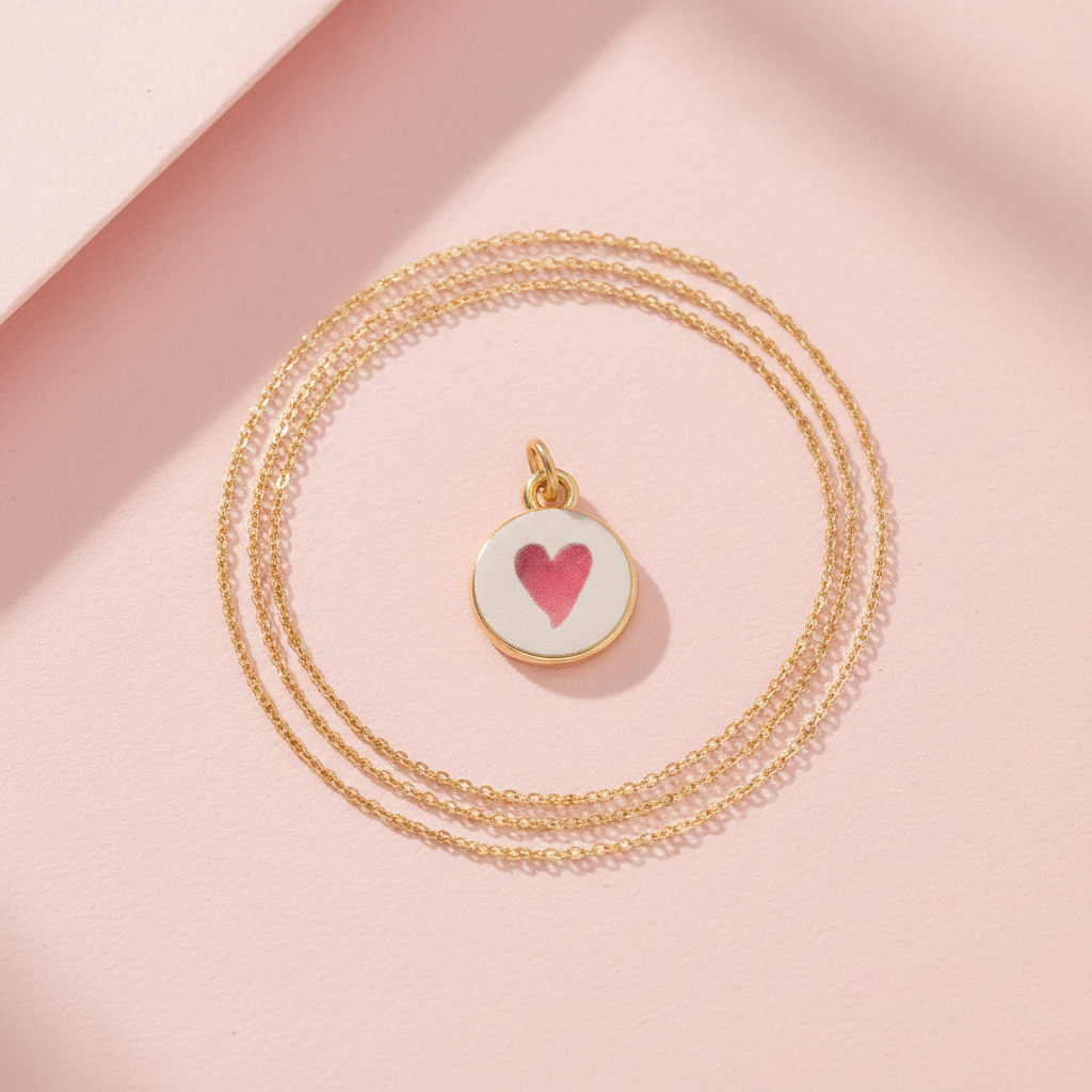 Pink heart round charm - blush background chain
