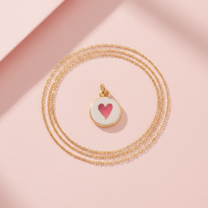 Pink heart round charm - blush background chain