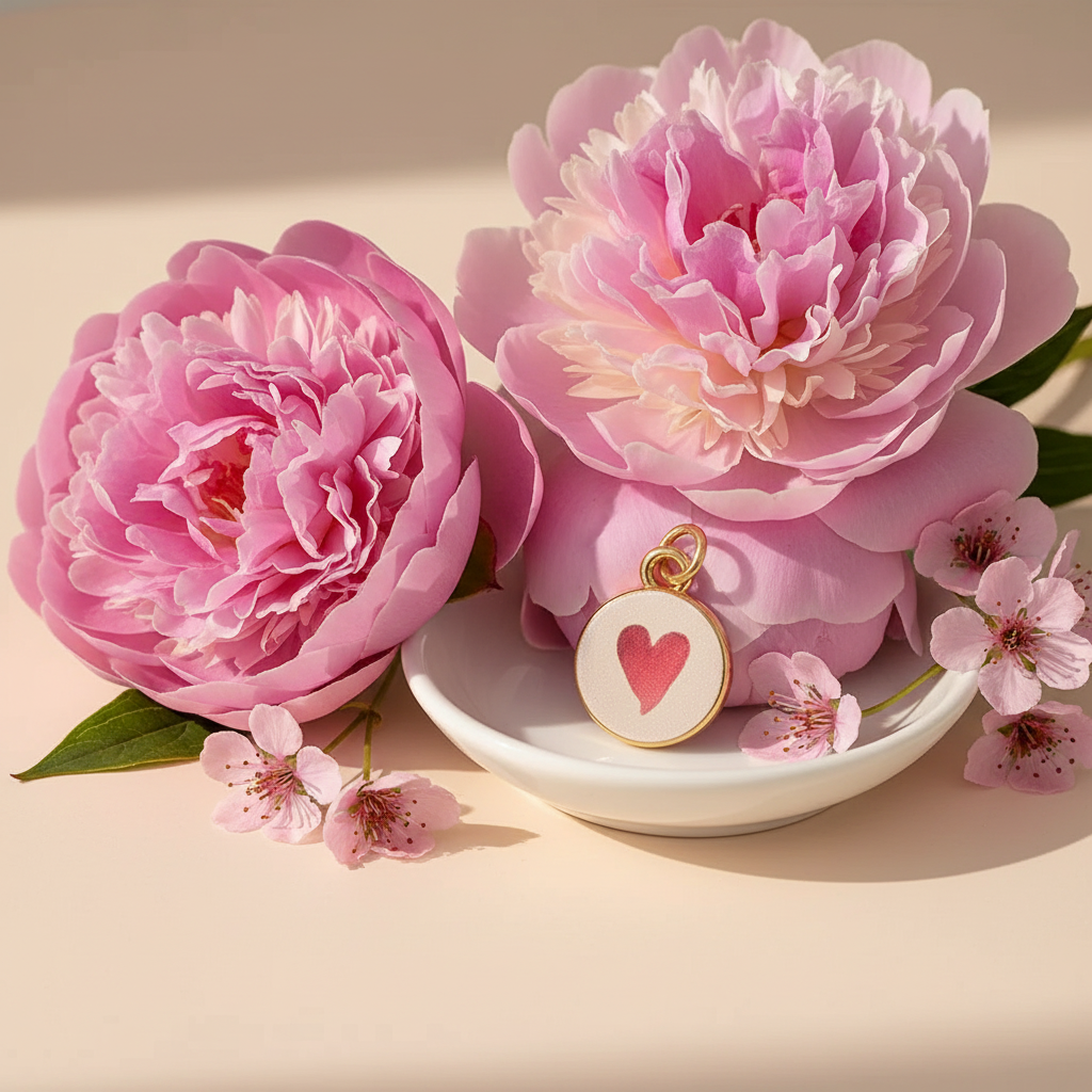 Pink heart round charm - ceramic dish peonies