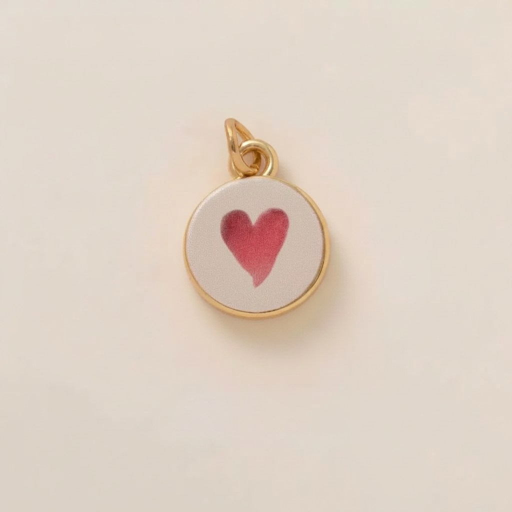 Pink heart round charm - cream background