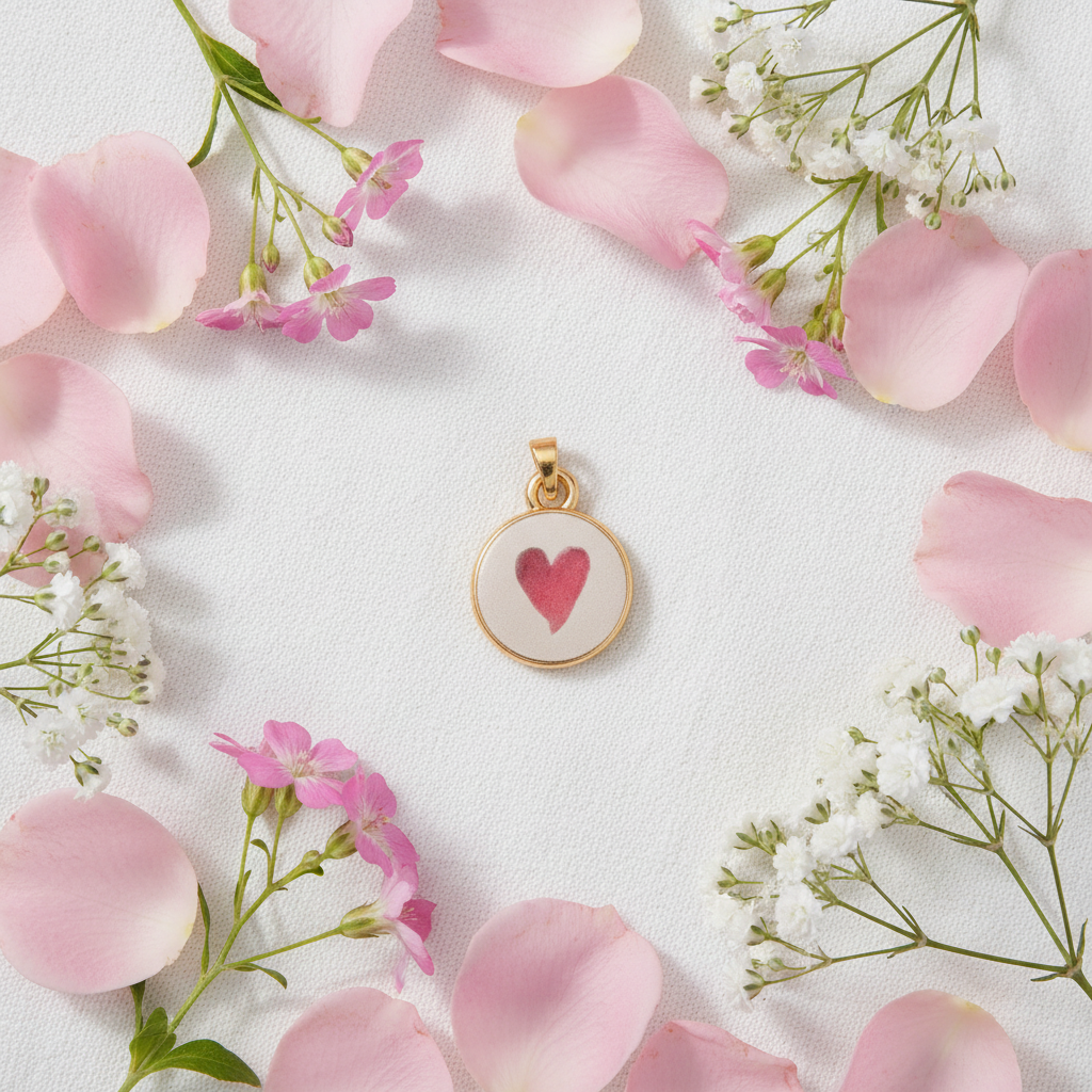 Pink heart round charm - linen flat lay