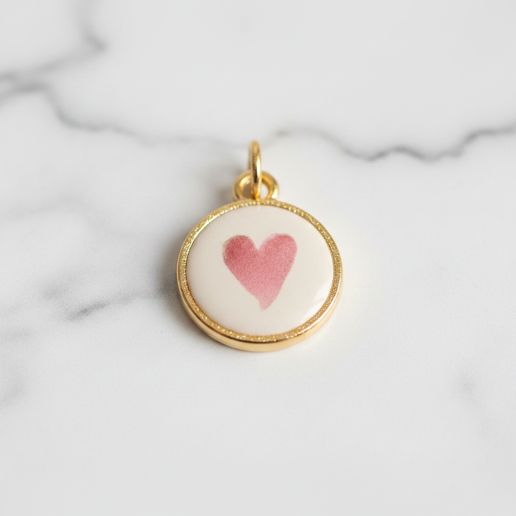 Pink heart round charm - marble close-up
