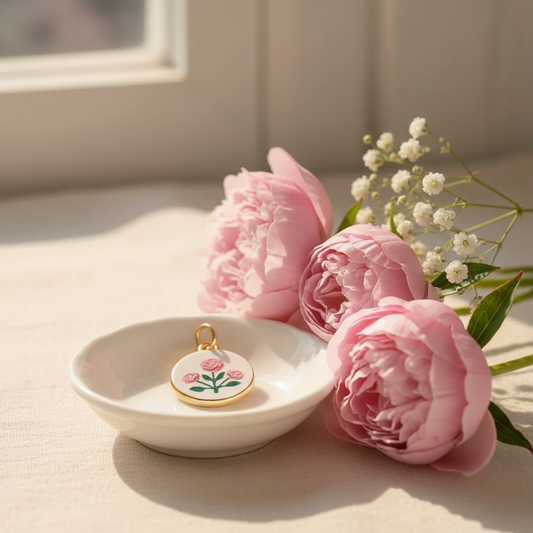 Pink rose round charm - ceramic dish peonies