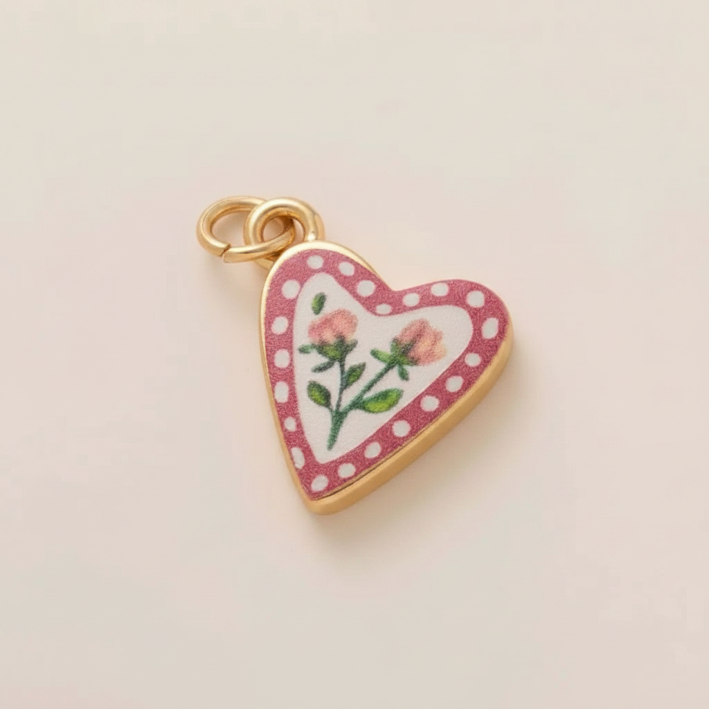 Polka dot heart rose charm - cream background