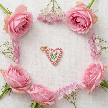 Polka dot heart rose charm - linen flat lay