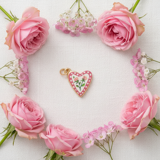 Polka dot heart rose charm - linen flat lay