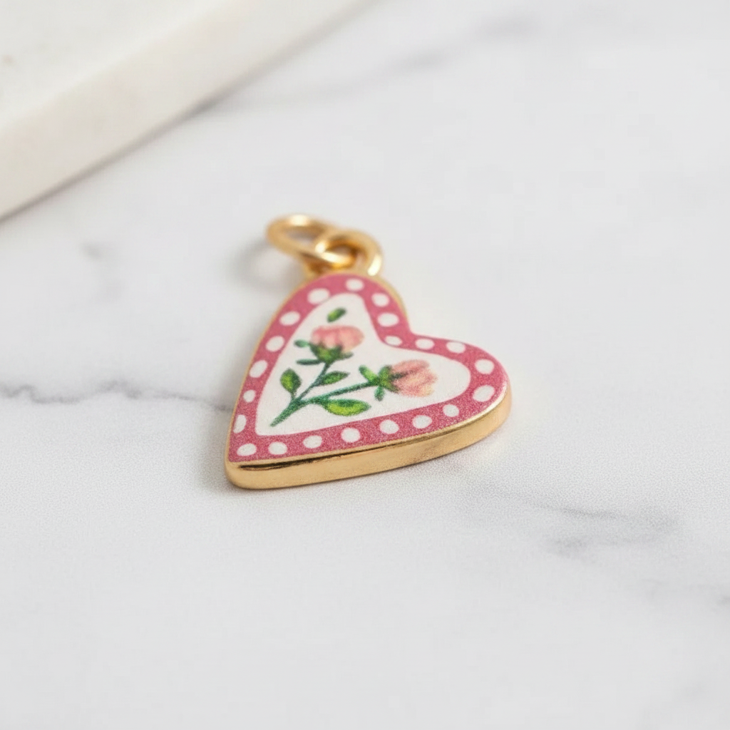Polka dot heart rose charm - marble close-up